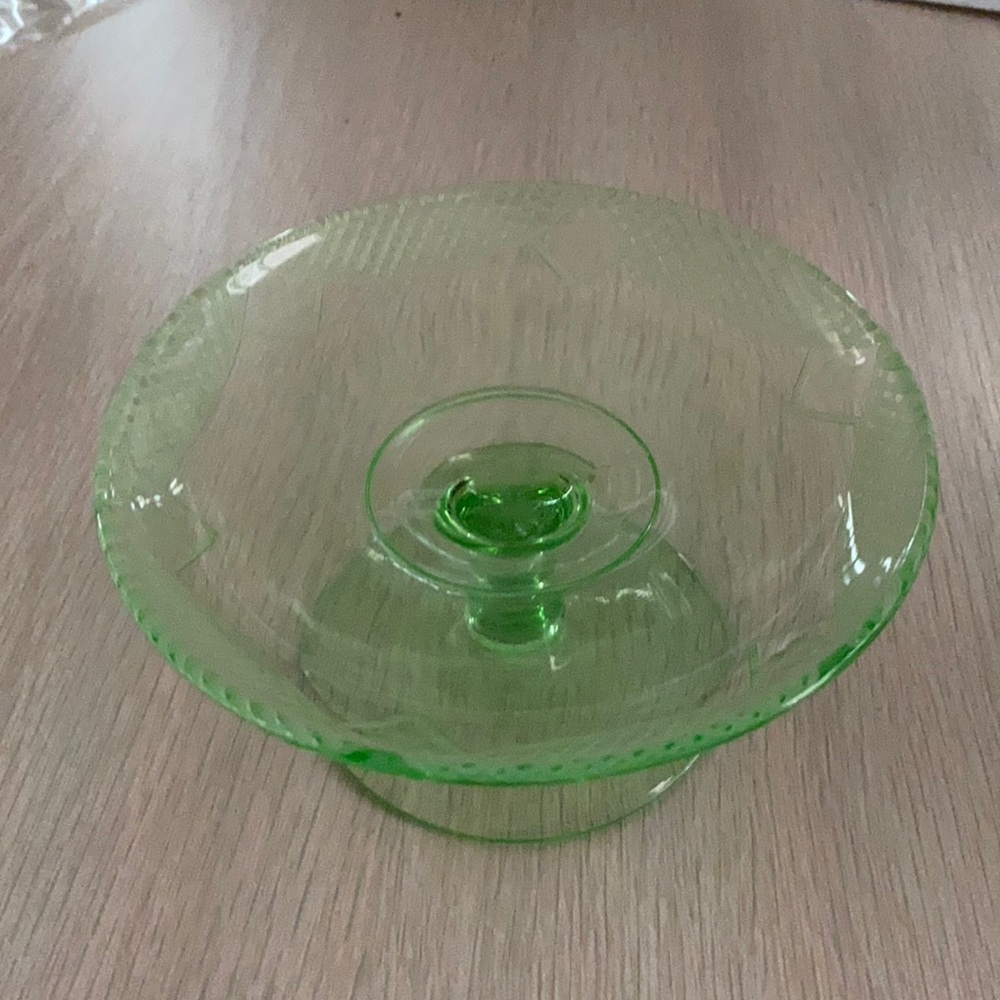 Vintage green Depression glass footed bowl.